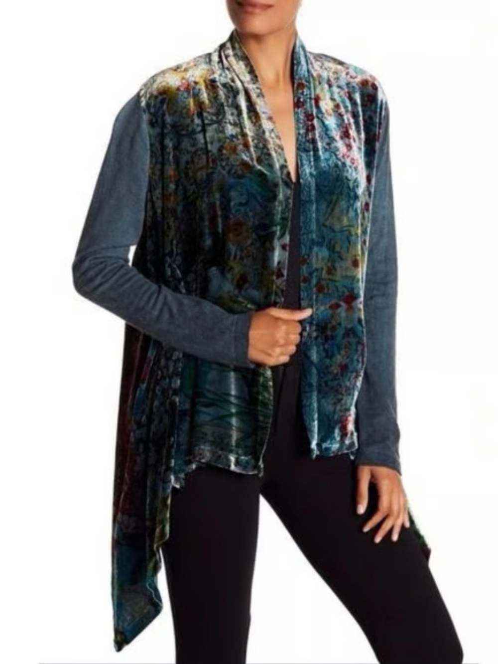Love By Johnny Was Cashmere Blend Velvet Drape Open Front Cardigan size XS